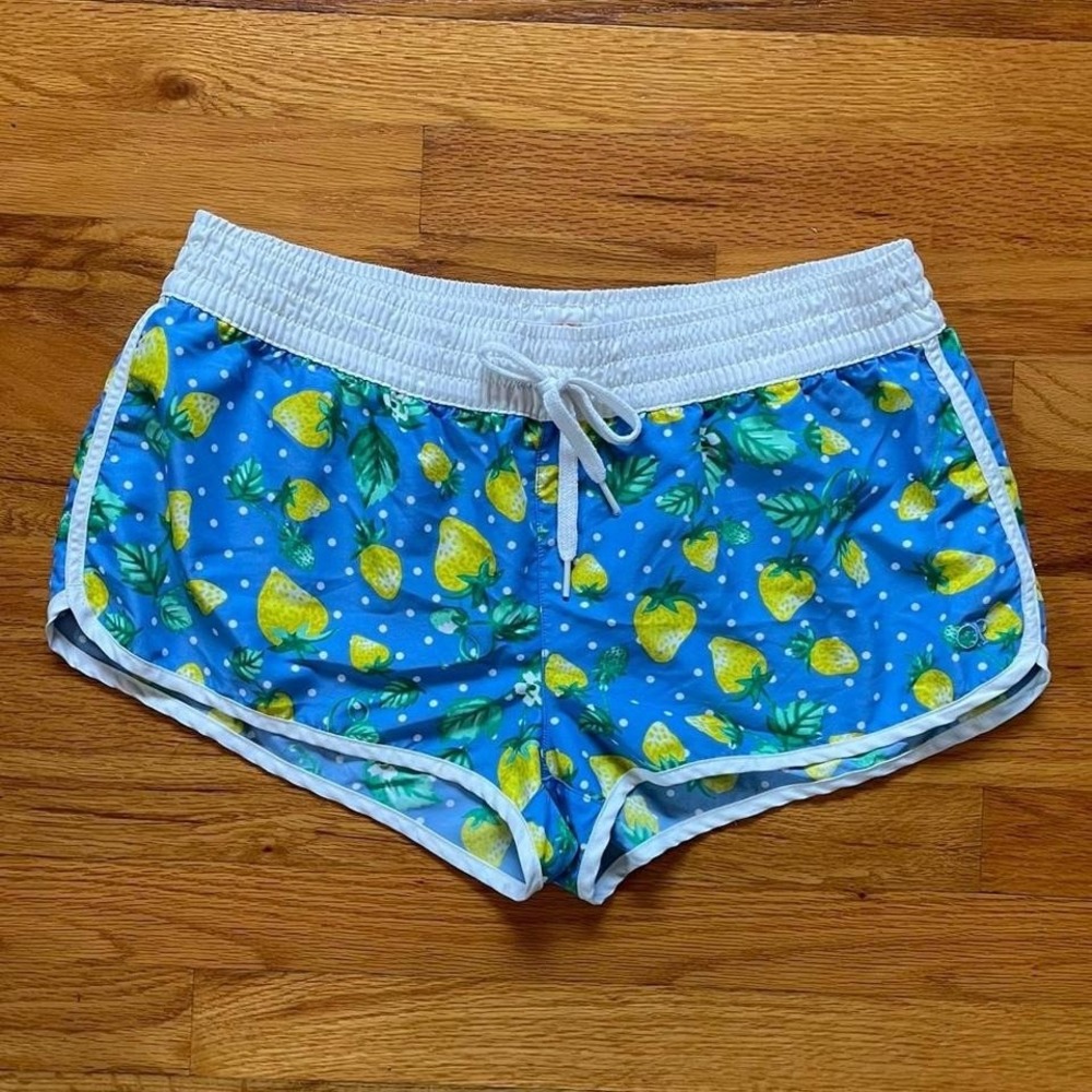 Y2K Yellow Strawberry Swim Micro Shorts Size L Twee Preppy 2000s OP Fruit